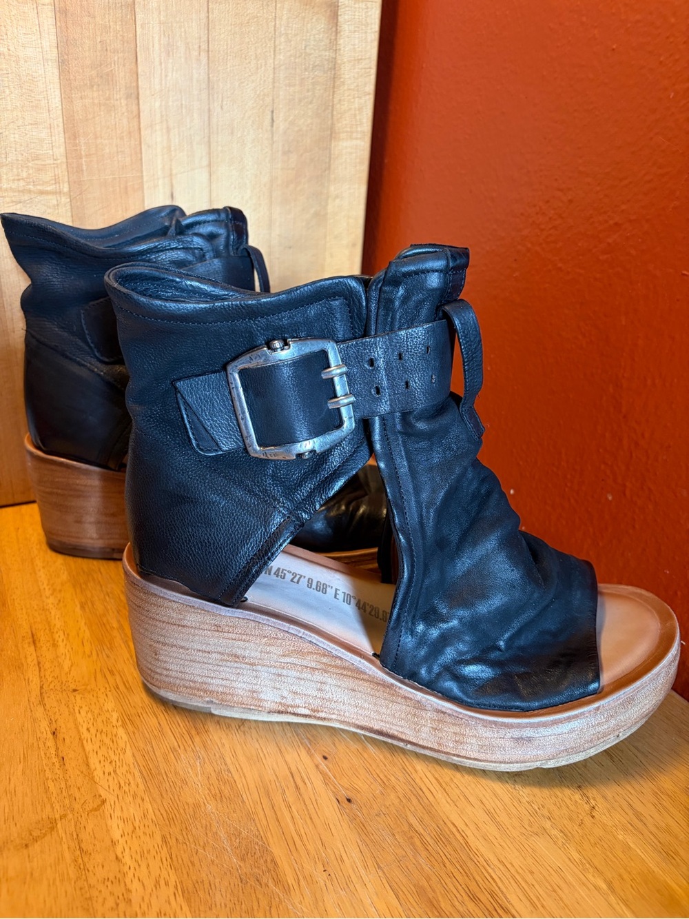 AS98-Naya Black Leather Open-Toe Wedge Ankle Boots